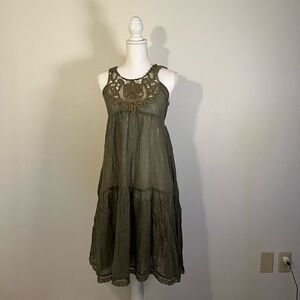 Vintage Free People Boho Crochet Detail Green and Gold Dress